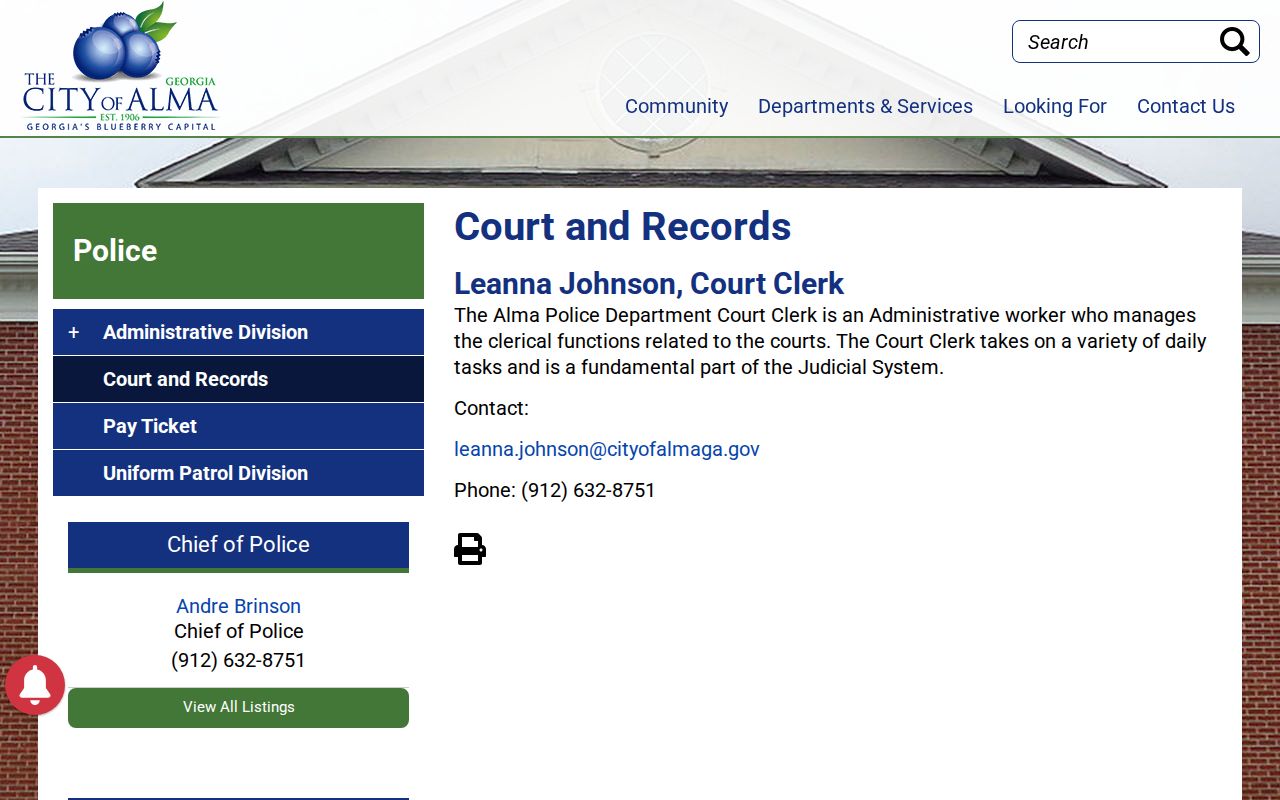 Alma Court and Records official contact page