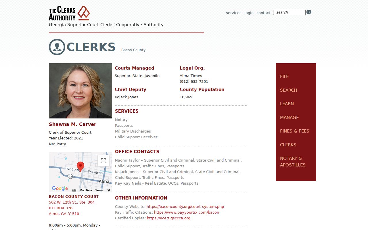 Official Georgia clerk directory entry for Bacon County court records