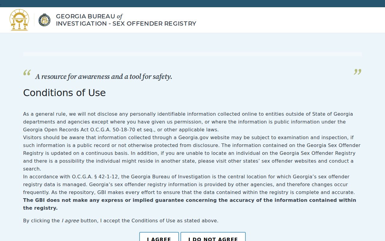 Georgia Bureau of Investigation sex offender registry search page